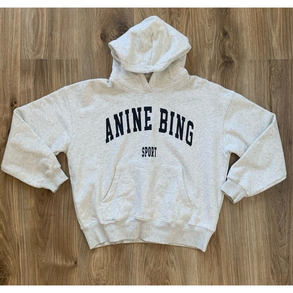 ANINE BING Harvey Sport Logo Hoodie Sweatshirt Medium Heather Gray Soft Cotton